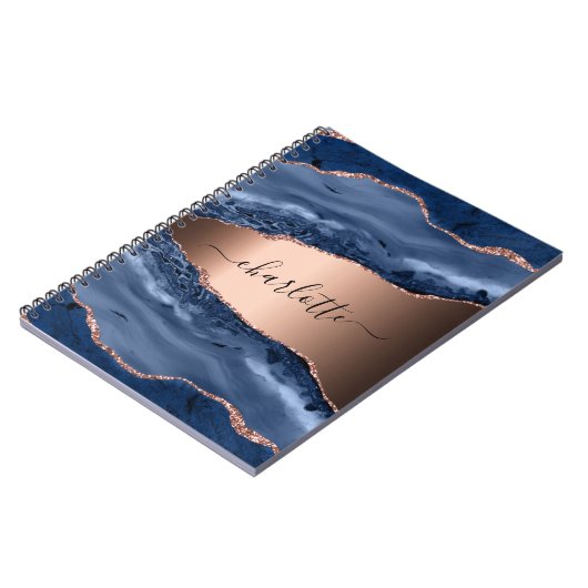 Carnet Bleu agate marbre rose or nom script (Côté gauche)