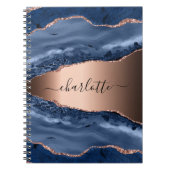 Carnet Bleu agate marbre rose or nom script (Devant)