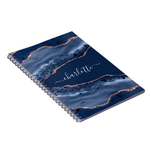 Carnet Bleu agate marbre rose or nom script (Côté Droit)