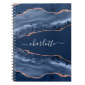 Carnet Bleu agate marbre rose or nom script (Devant)