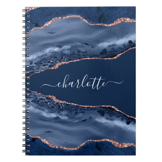 Carnet Bleu agate marbre rose or nom script (Devant)