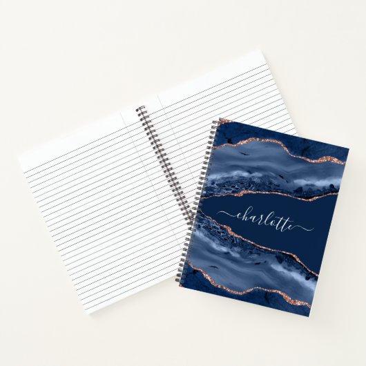 Carnet Bleu agate marbre rose or nom script (Intérieur)