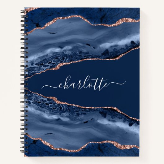 Carnet Bleu agate marbre rose or nom script (Devant)