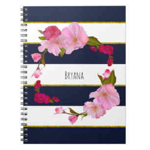 Carnet Bleu Blanc et Or Moderne Floral Chic Glam