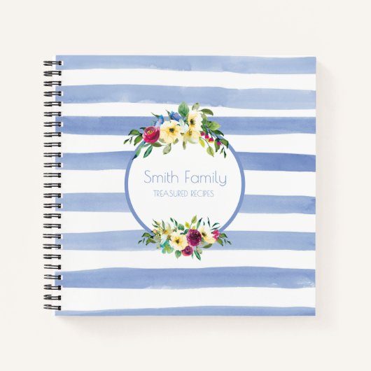 Carnet Bleu blanc rayures violet jaune Floral Recette (Devant)