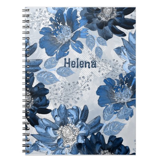 Carnet Bleu clair, fleurs bleu foncé sur gris clair (Devant)