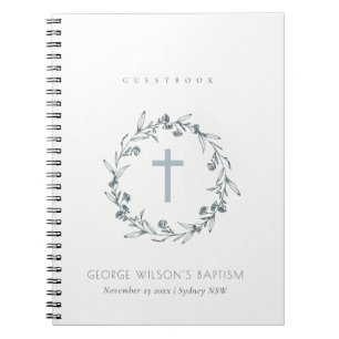 Carnet Bleu Dusky Floral Laurel Wreath Monogramme Baptême