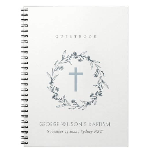 Carnet Bleu Dusky Floral Laurel Wreath Monogramme Baptême (Devant)