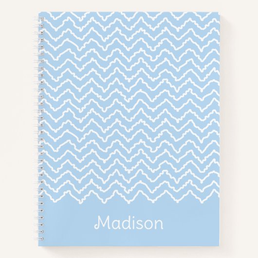 Carnet Bleu Et Blanc Chevron Zigzag Ondulé Avec Nom (Devant)