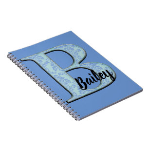 Carnet Bleu Floral Damask Imprimer B monogramme initiales