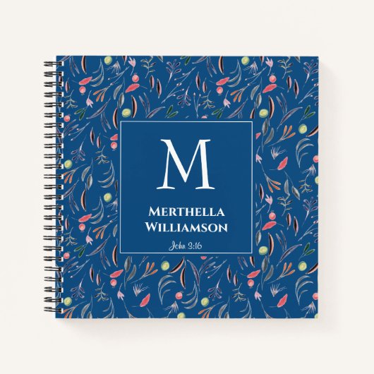 Carnet Bleu | Floral Personnalisé | Élégant MONOGRAM (Devant)