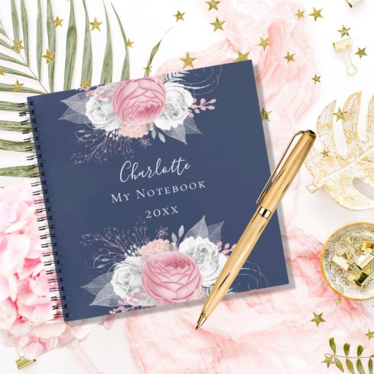 Carnet Bleu floral rose argent feuillage blanc nom