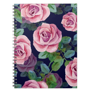 Carnet Bleu foncé, Roses Roses Rose Aquarelle.