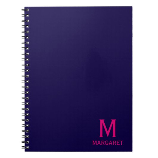 Carnet Bleu marine & monogramme prénom moderne fuchsia (Devant)