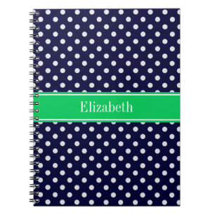 Carnet Bleu Marine Points Blancs Vert Emeraude Monogramme