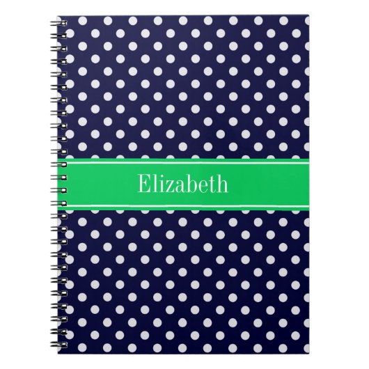 Carnet Bleu Marine Points Blancs Vert Emeraude Monogramme (Devant)