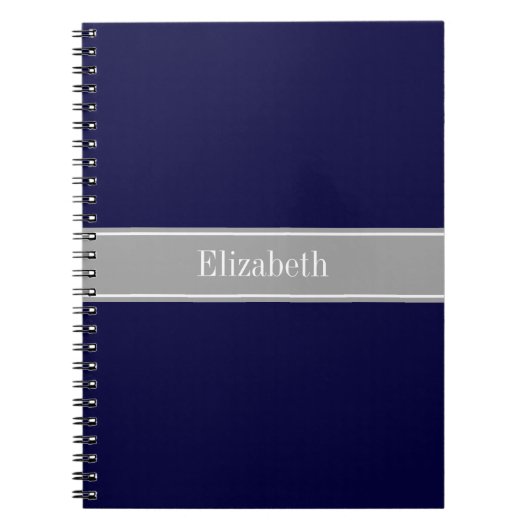 Carnet Bleu marine uni, monogramme avec ruban gris foncé (Devant)