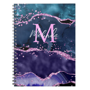 Carnet Bleu Nuit et Paillettes Violettes Agate Océan