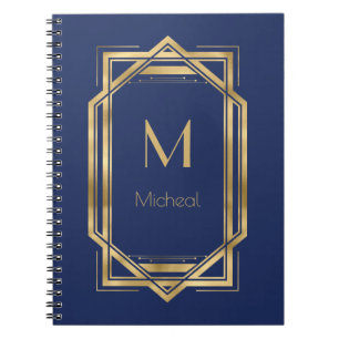 Carnet Bleu Nuit & Géométrique Doré Monogramme & Nom