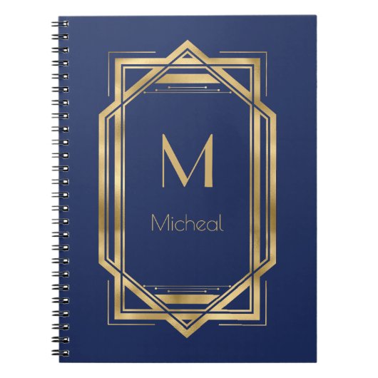 Carnet Bleu Nuit & Géométrique Doré | Monogramme & Nom (Devant)