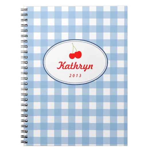 Carnet Bleu pays en vichy motif rouge cerise personnelle (Devant)