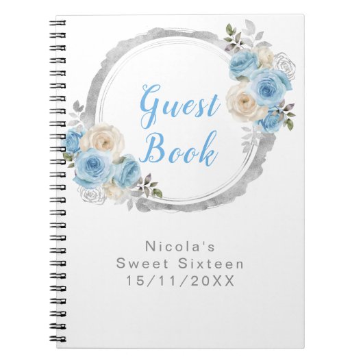 Carnet Bleu Poussiéreux Fleurs Élégantes Argent Douce Sei (Devant)