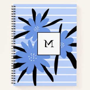 Carnet Bleu Rayures Modernes Monogramme Fleurs Initiales