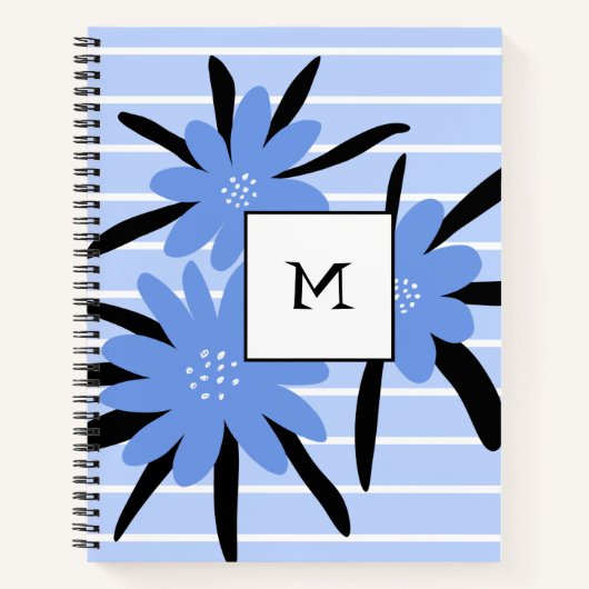 Carnet Bleu Rayures Modernes Monogramme Fleurs Initiales (Devant)