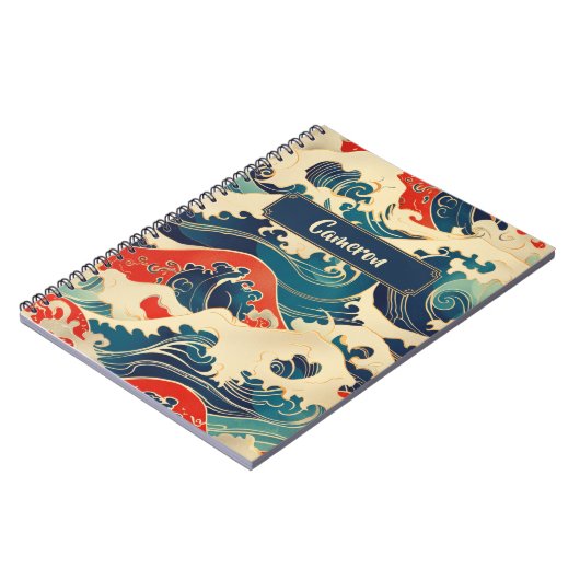 Carnet Bleu Rouge Blanc Océan Japonais Vague Art Traditio (Côté gauche)