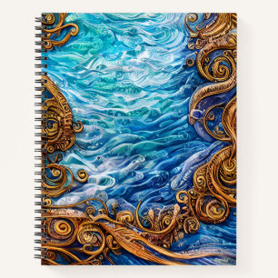 Carnet Blue and Gold Ocean Ripple Waves Art Abstrait