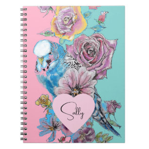Carnet Blue Budgie Aquarelle florale Girls Rose Aqua