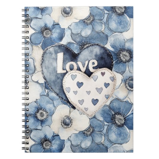 Carnet Blue Denim Coeurs Fleurs Amour (Devant)