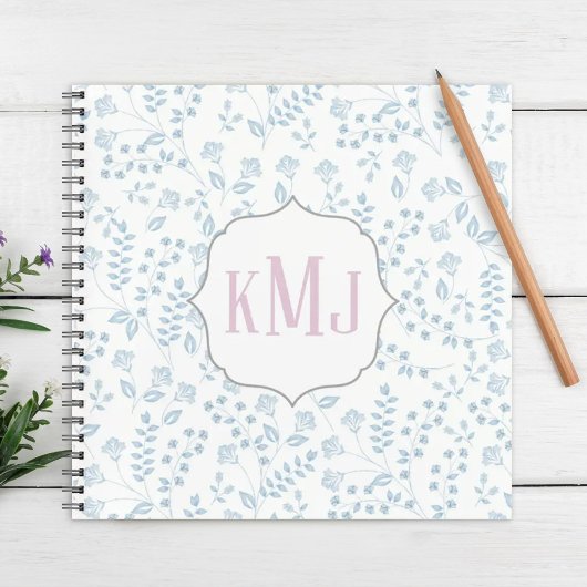Carnet Blue Floral Cute Chic Motif Monogrammes Initiales