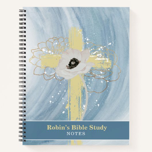 Carnet Blue Gold Floral Cross Personalized Bible Study (Devant)