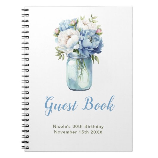 Carnet Blue Peonies Mason Jar Birthday Party Guest Book (Devant)