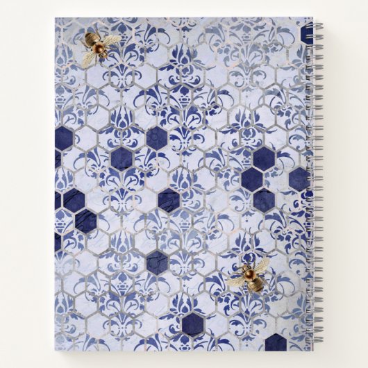 Carnet Blue Silver Bee Damask Girly Chic Nom moderne (Dos)