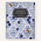 Carnet Blue Silver Bee Damask Girly Chic Nom moderne (Devant)