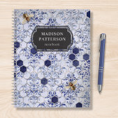 Carnet Blue Silver Bee Damask Girly Chic Nom moderne