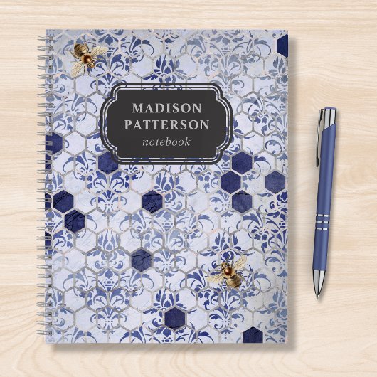 Carnet Blue Silver Bee Damask Girly Chic Nom moderne