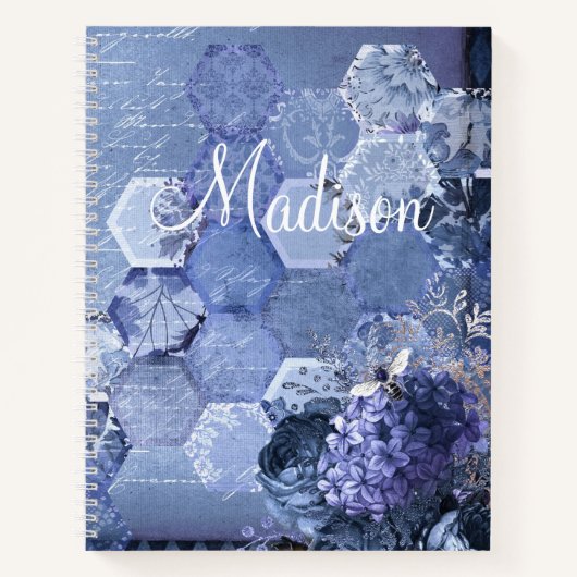 Carnet Blue Silver Bee Floral Girly Chic Nom moderne (Devant)