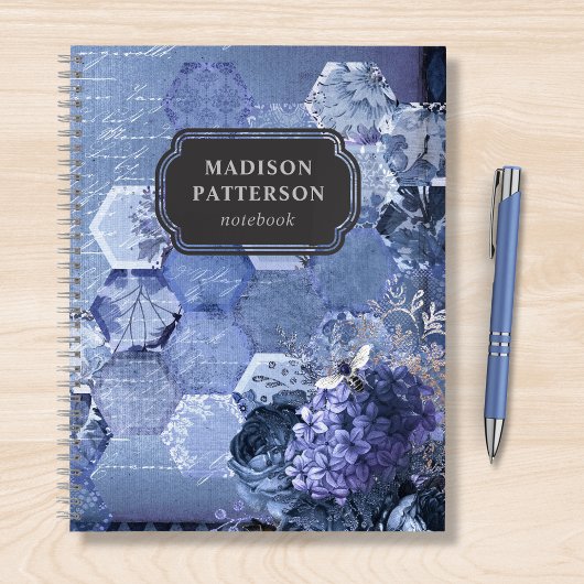 Carnet Blue Silver Bee Floral Girly Chic Nom moderne