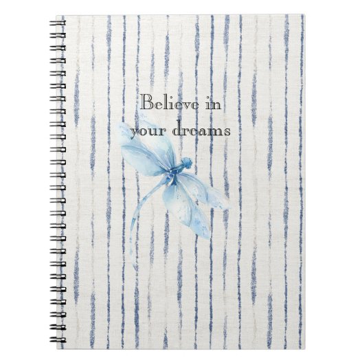 Carnet Blue White Stripes Dragonfly Believe (Devant)