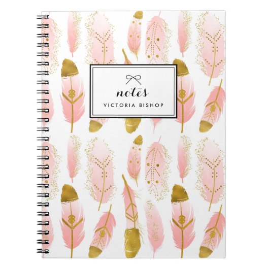 Carnet Boho Blush Plumes rose Or Foil Personnalisé (Devant)
