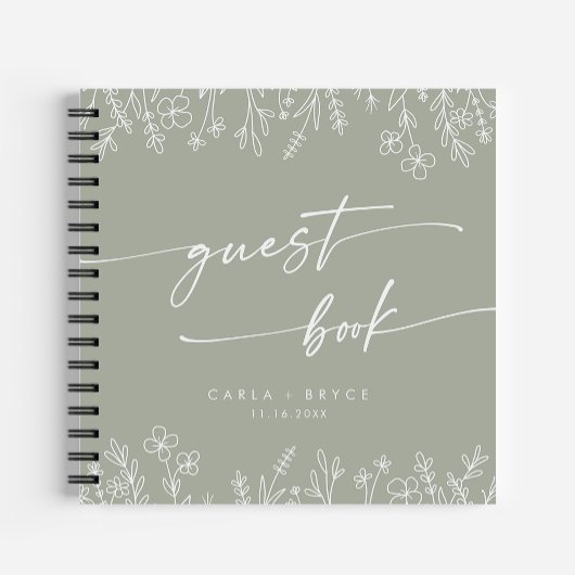 Carnet Boho Chic Sage Green Wildflower Wedding Guest Book