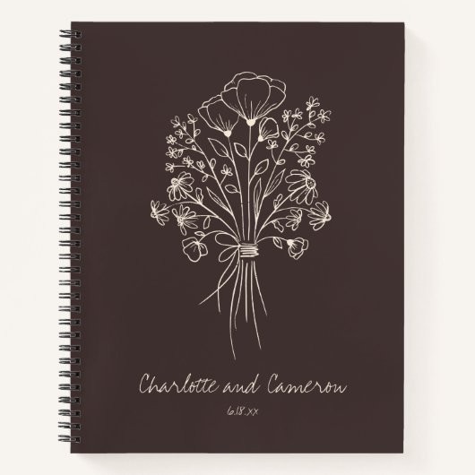 Carnet Boho Flower Line Art Drawing Brown Custom Wedding (Devant)