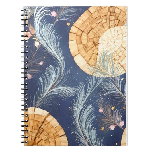 Carnet Boho Grain de Bois Éventail et Navy Plume Botaniqu (Devant)
