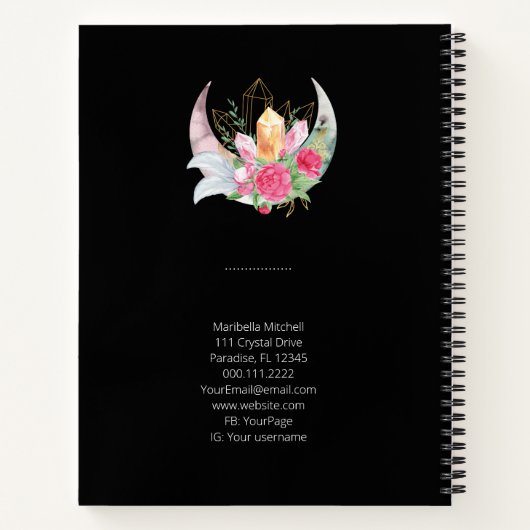 Carnet Boho Moon Crystals Plumes Fleur Photo verticale (Dos)