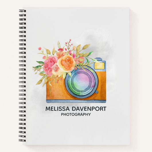 Carnet Boho Orange Caméra & Bouquet Floral Aquarelle (Devant)