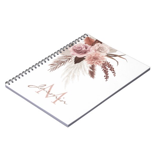 Carnet Boho Pampas Rose Grass Fleurs séchées Monogramme (Côté gauche)