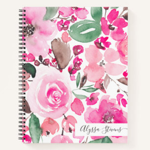 Carnet Boho rose fleurs motif aquarelle fleurie